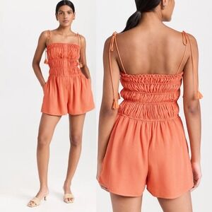 NWT Lost + Wander Red Orange Hibiscus Glow Romper Smocked Tassel Tie Strap Small